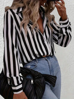 Carregue a imagem no visualizador da Galeria, Women&#39;s Plus Size Long Sleeved Striped Printed Shirt with Lapel Buckle Casual Black and White Contrasting Striped Top Blouse  Amaijoin
