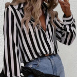 Carregue a imagem no visualizador da Galeria, Women&#39;s Plus Size Long Sleeved Striped Printed Shirt with Lapel Buckle Casual Black and White Contrasting Striped Top Blouse  Amaijoin
