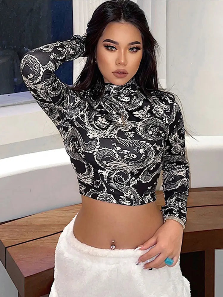 Fashion Trend Women's Stylish Dragon Printed Crop Tops Long Sleeve High Collar Slim T-shirt Skinny Tees for Spring Autumn  Amaijoin