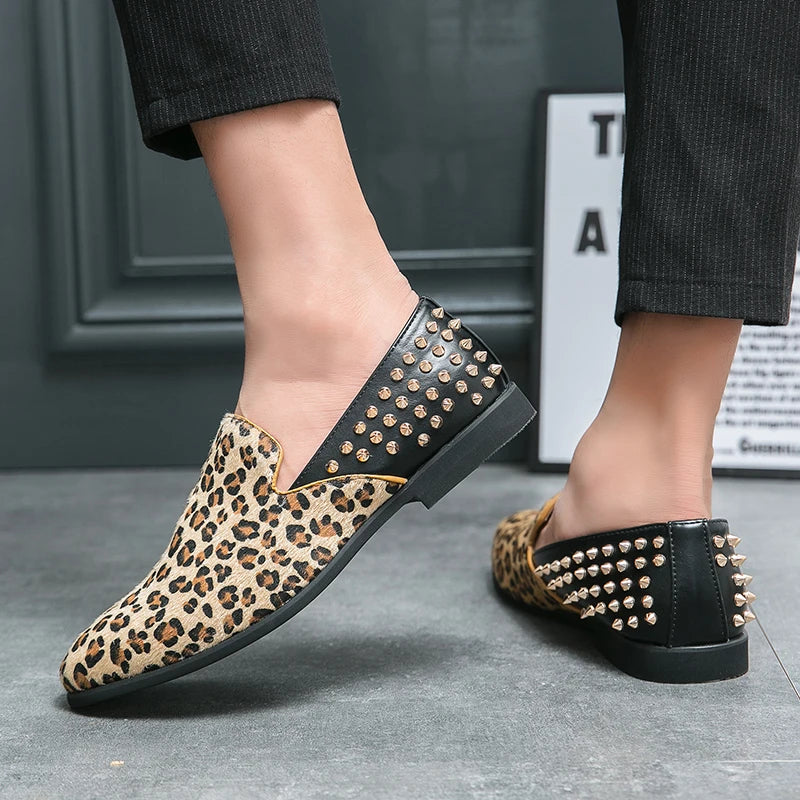 Fashion Leopard Slip On Loafers men leather shoes rivet convenient cuffs pointed toe suede print casual party shoes for man  Amaijoin