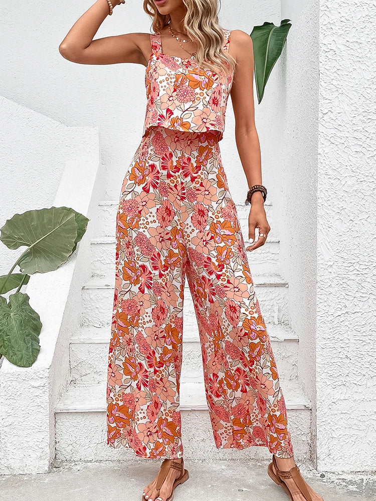 Elegant Long Jumpsuit Women Sexy Backless Wide Leg Jumpsuits Casual Sleeveless Floral Rompers Summer Clothes For Woman 2024 New  Amaijoin