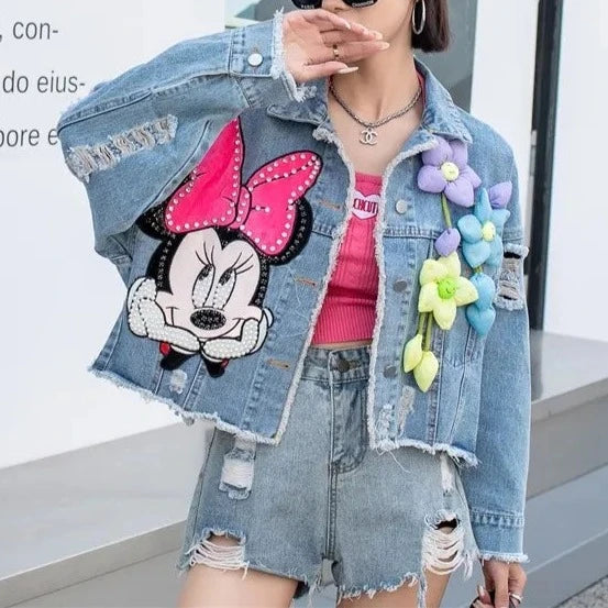 2024 New Women Coat Cartoon Sticker Embroidered Sequin Short Denim Jacket Loose Bowknot Top  Amaijoin