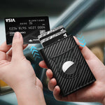 Carregue a imagem no visualizador da Galeria, Men&#39;s Carbon Fiber Magnetic Card Holder PU Leather RFID Three-fold Automatic Card Holder With Zipper Coin Purse AirTag Wallet  Amaijoin
