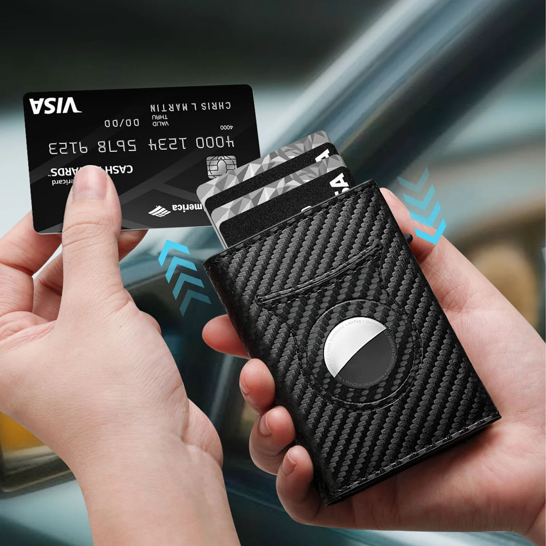 Men's Carbon Fiber Magnetic Card Holder PU Leather RFID Three-fold Automatic Card Holder With Zipper Coin Purse AirTag Wallet  Amaijoin