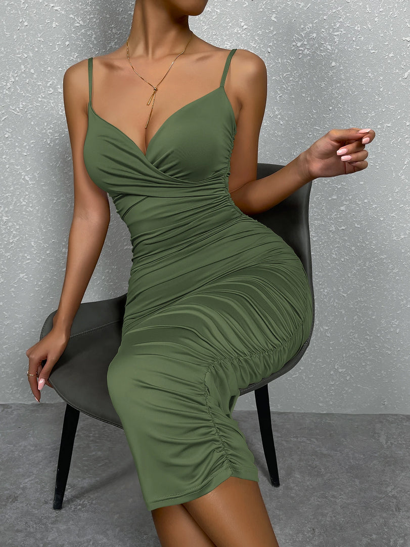 Sexy Women Maxi Dress Spaghetti Strap Ruched Sleeveless Backless Long Dress Party NightClub Evening Outfit  Amaijoin