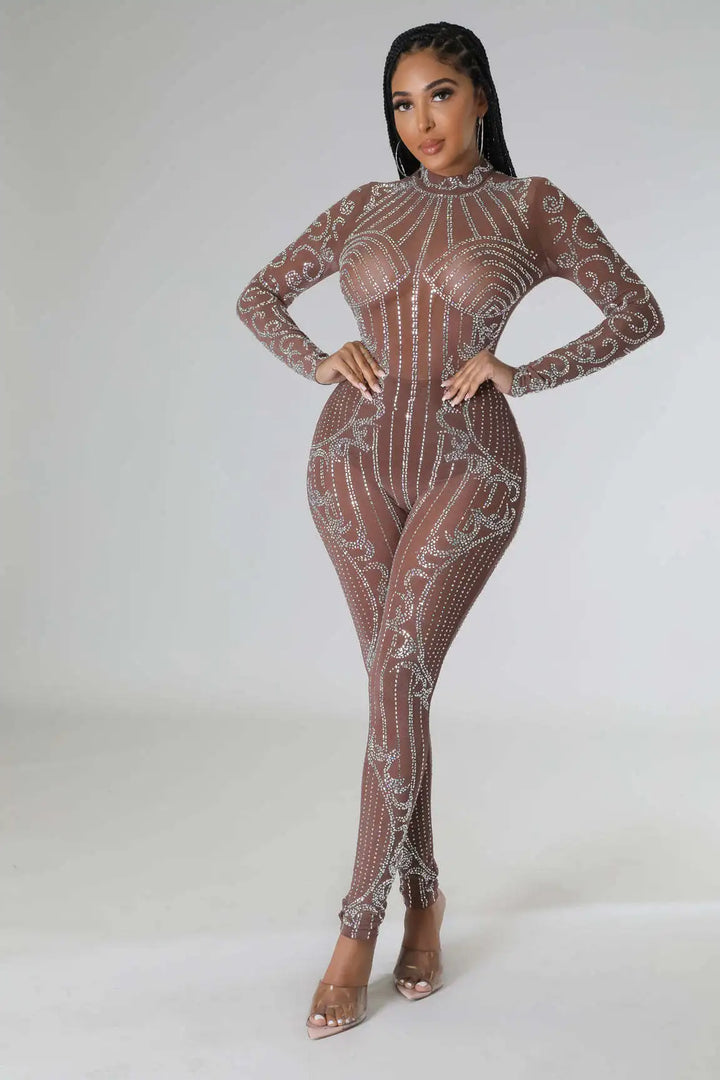 Perspective Hot Diamond Long Sleeve Party Nightclub Jumpsuit  Amaijoin