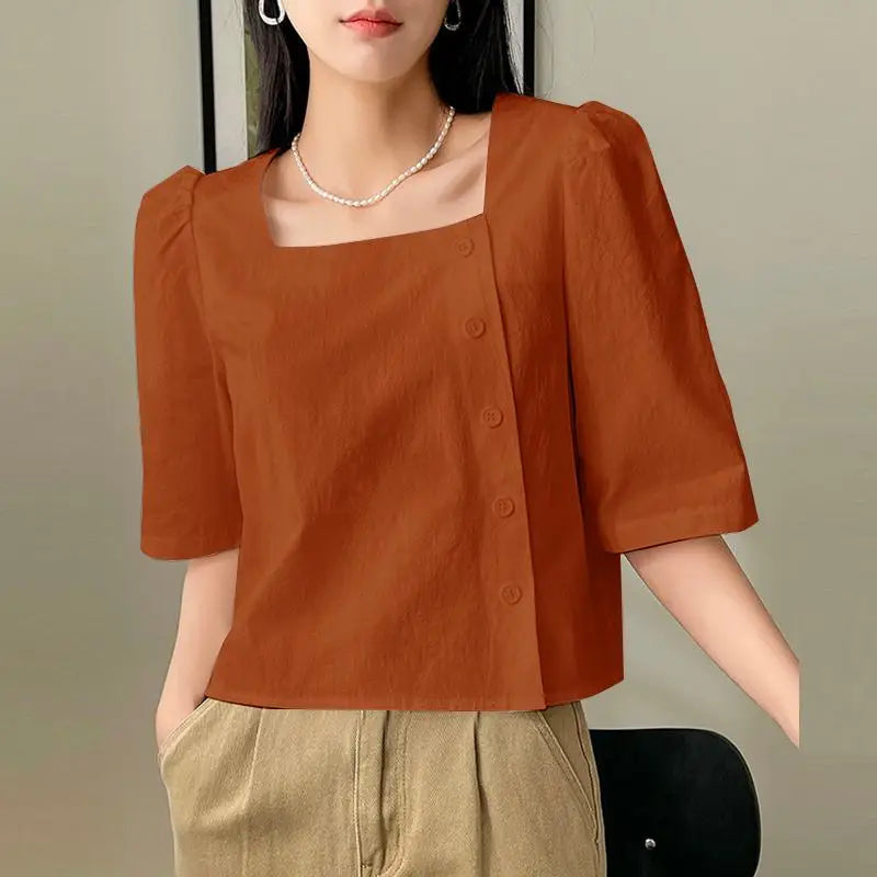 2024 VONDA Women Summer Fashion Blouses Shirts Square Collar Tops Tunic Half Puff Sleeve Casual Solid Color Buttons Loose Blusas  Amaijoin