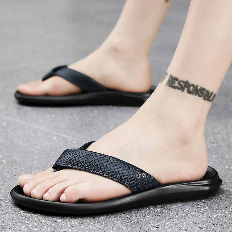 Summer Outdoor Leather Non-slip Men's Flip Flops Leisure Sandals Men's Hollow Out Walking Shoes Lightweight Beach Men Slippers  Amaijoin