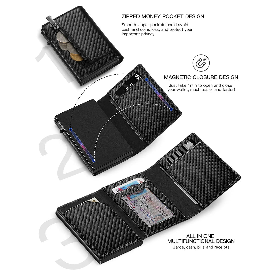 Men's Carbon Fiber Magnetic Card Holder PU Leather RFID Three-fold Automatic Card Holder With Zipper Coin Purse AirTag Wallet  Amaijoin