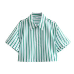 Carregue a imagem no visualizador da Galeria, TRAFZA 2024 Summer Striped Shirts Women Casual Green Blouse Y2k Short Sleeve Buttons Crop Top Female Short Shirt Streetwear  Amaijoin
