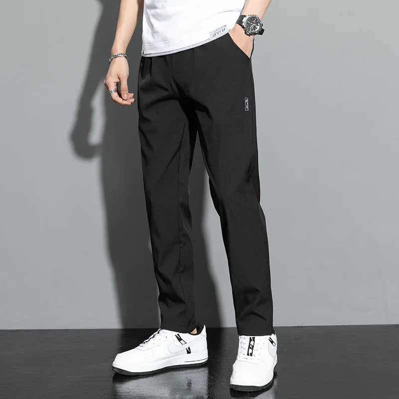 2024 new Men's Ice Silk Trousers Solid Color Mid-Waist Loose Breathable Straight-Leg Casual Pants Thin Quick-Drying Sports Pants  Amaijoin