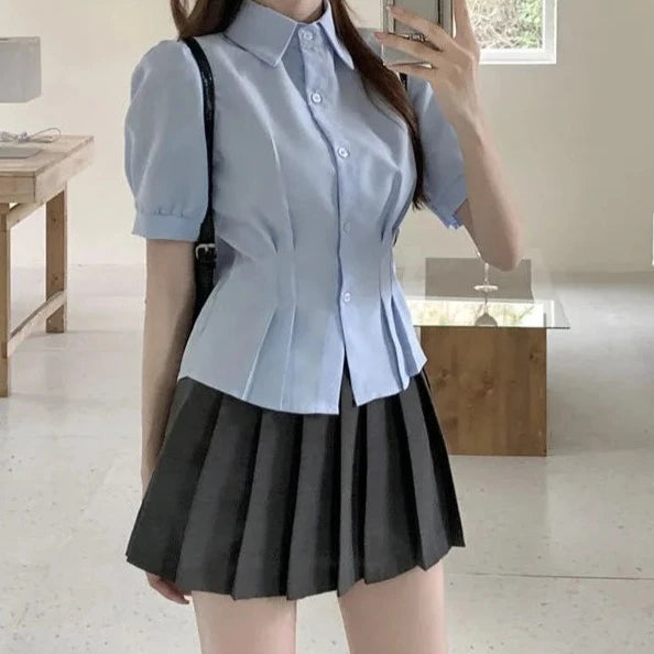 Women's Summer White Cropped Shirts College Style Turndown Collar Short Sleeve Blouse Lady Korean Style Folds Slim Fit Crop Tops  Amaijoin