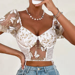 Carregue a imagem no visualizador da Galeria, Koltailace Bufferfly Embroidery Puff Sleeve Top Women V Neck Summer Backless Short Sleeve Sexy Cropped Top Blouse  Amaijoin
