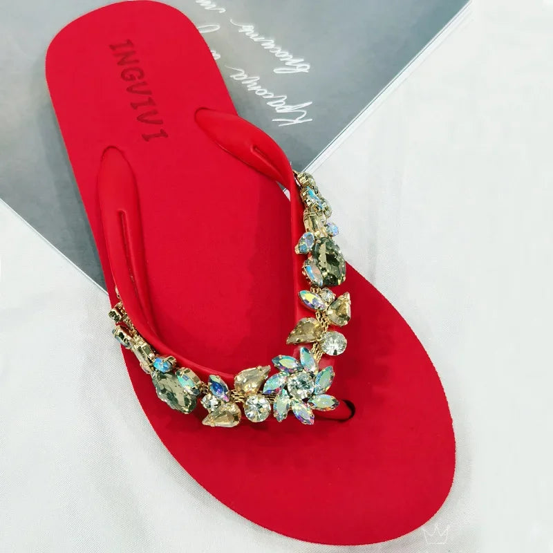 Slippers Women Glitter Flip Flops  Summer 2023 Fashion Outdoor Rhinestone Chain Wedge Beach Slippers Jelly Hawaiian Flat Sandals  Amaijoin