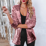 Carregue a imagem no visualizador da Galeria, Women Sequins Sequin Jacket Casual Long Sleeve Glitter Party Shiny Lapel Coat Vintage Lapel Sequins Jackets Club Party Wear  Amaijoin
