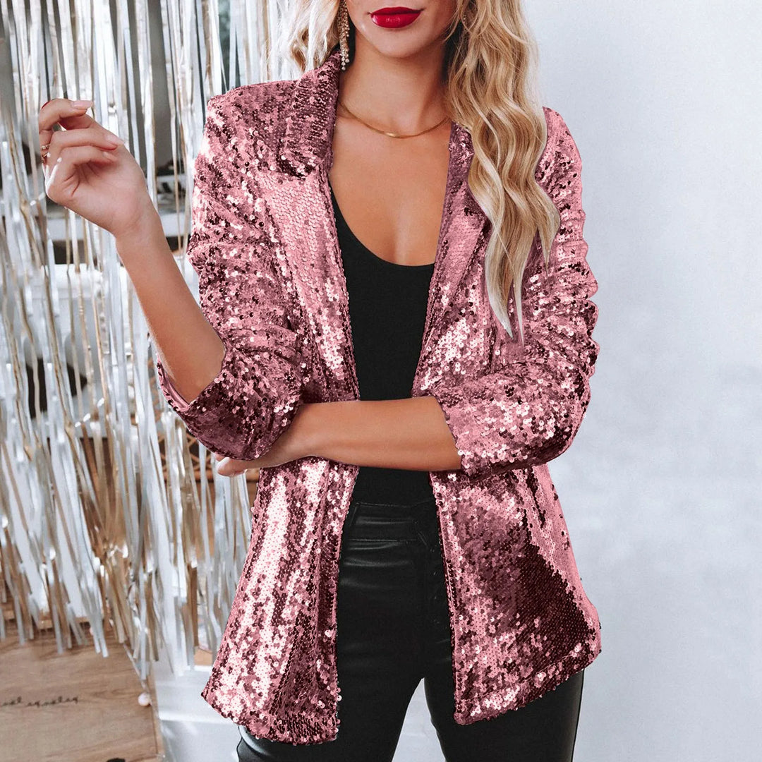 Women Sequins Sequin Jacket Casual Long Sleeve Glitter Party Shiny Lapel Coat Vintage Lapel Sequins Jackets Club Party Wear  Amaijoin