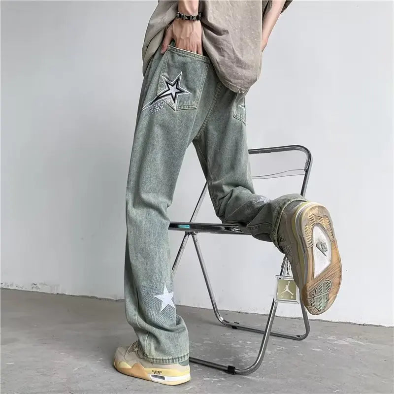 2023 Y2K Fashion Star Embroidery Baggy Jeans Pants Men Clothing Straight Washed Blue Women Luxury Denim Trousers Pantalon Homme  Amaijoin