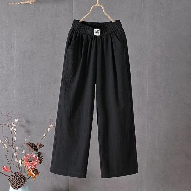 M-4xl Summer Elastic Waist Women's Pants Casual Solid Cotton Linen Ankle Length Pants Female 2023 High Quality Baggy Trousers  Amaijoin