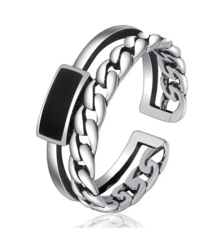 Retro Braided Chain Ring Men Jewelry Fashion Personality Open Ring S925 Double Layer Black Glue Twists Index Finger Accessories  Amaijoin