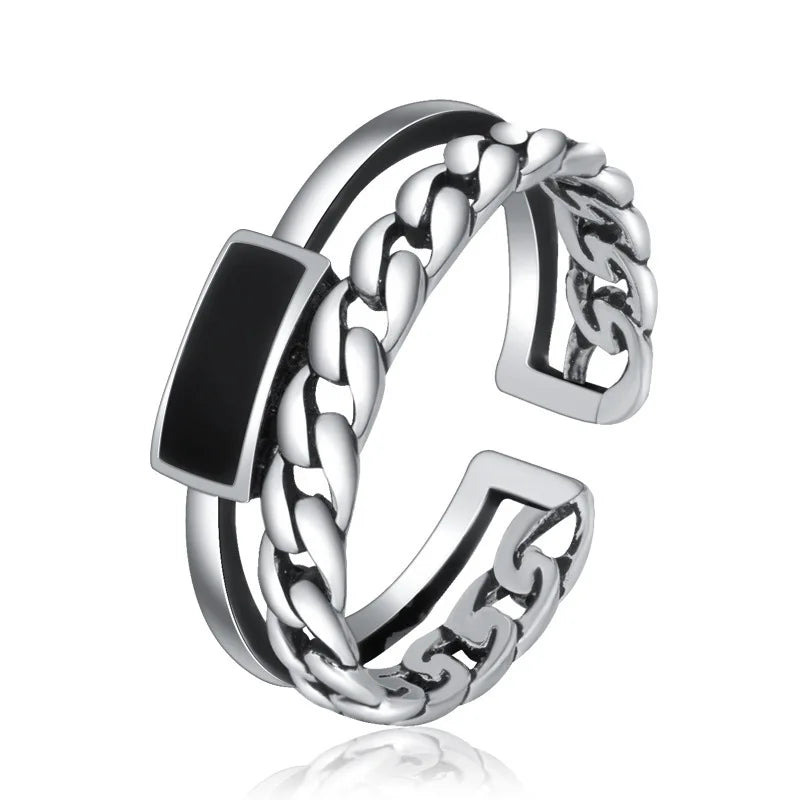 Retro Braided Chain Ring Men Jewelry Fashion Personality Open Ring S925 Double Layer Black Glue Twists Index Finger Accessories  Amaijoin