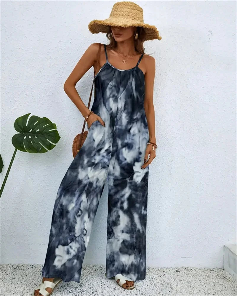 Spring and summer 2024 ladies digital printing color gradient sleeveless casual baggy jumpsuit  Amaijoin