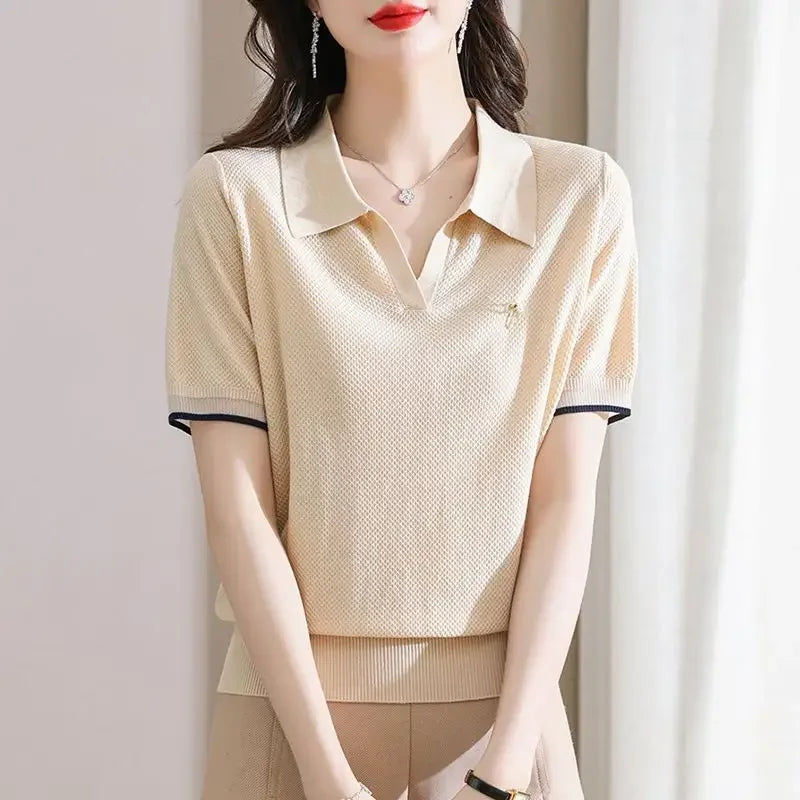 Female Tee Baggy Plain Knitted Cute T-shirts Kawaii Women's Polo Pulovers Offer Free Shipping Summer 2024 with Collar New On  Amaijoin