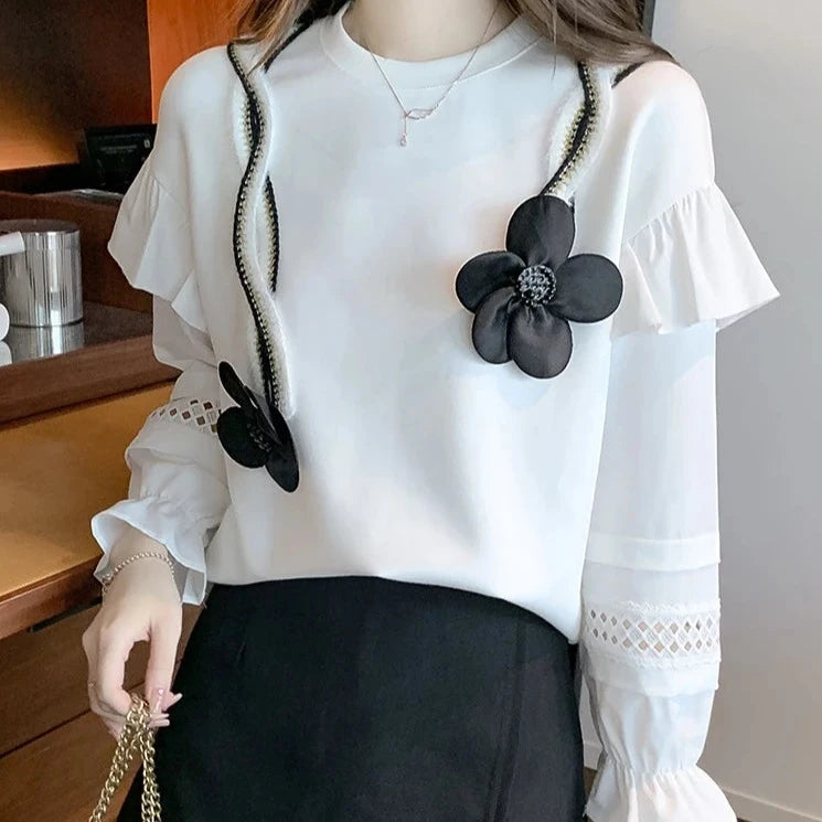 Women Winter Fleece Sweatshirts White Blue Hollow Out Flower Patchwork Flare Sleeve Loose Casual Pullovers Female Korean Fashion  Amaijoin